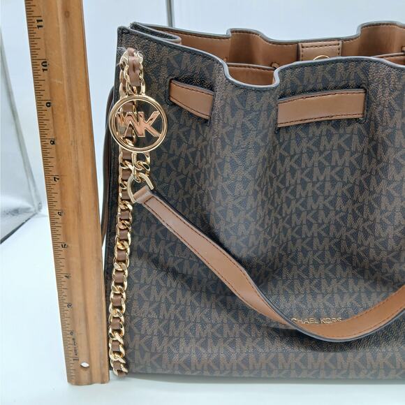 Michael Kors Large Mina Signature Logo Chain Shoulder Bag Handbag Teacher Brown - Picture 10 of 11